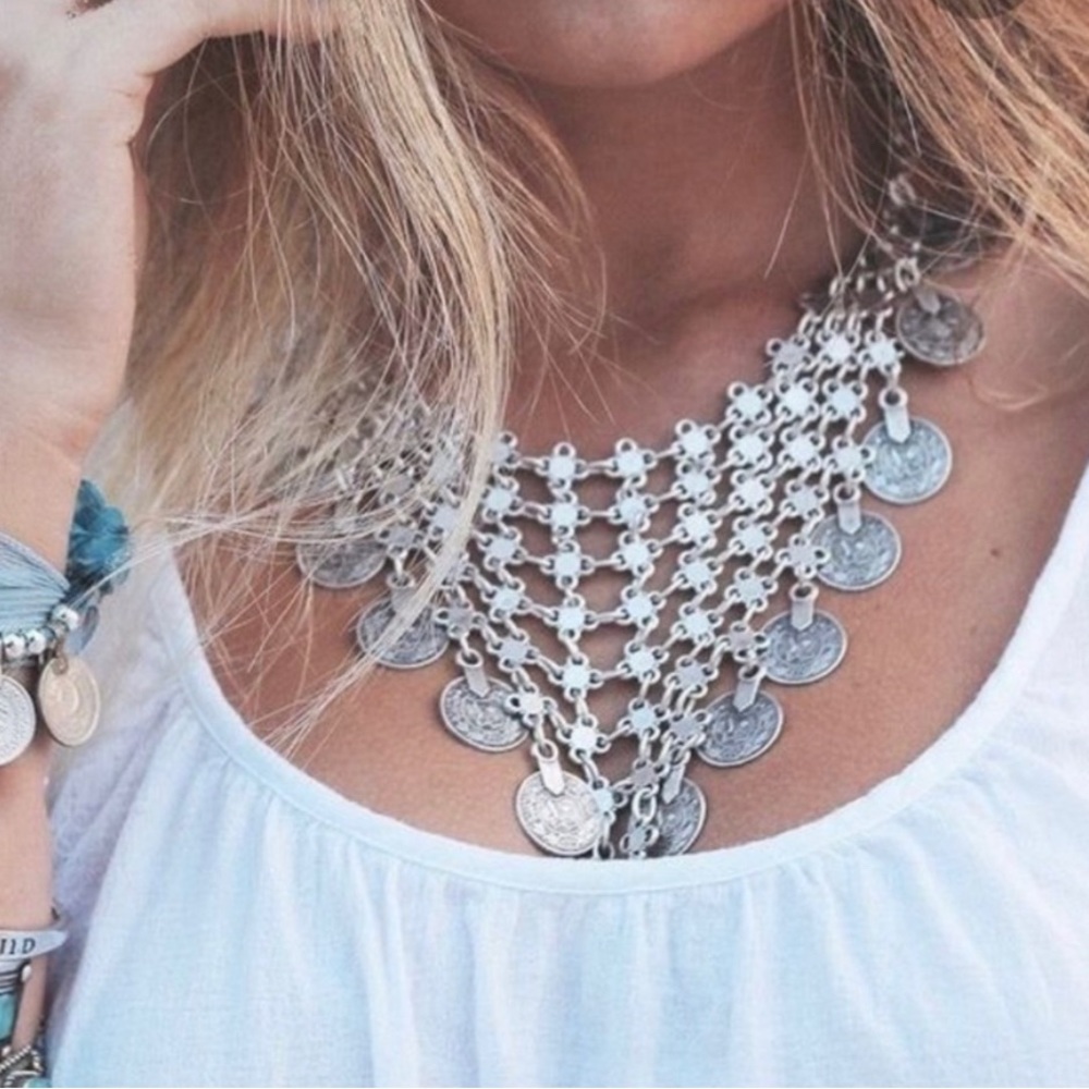 Chainmail Silver Tone Coin Statement Bib Necklace